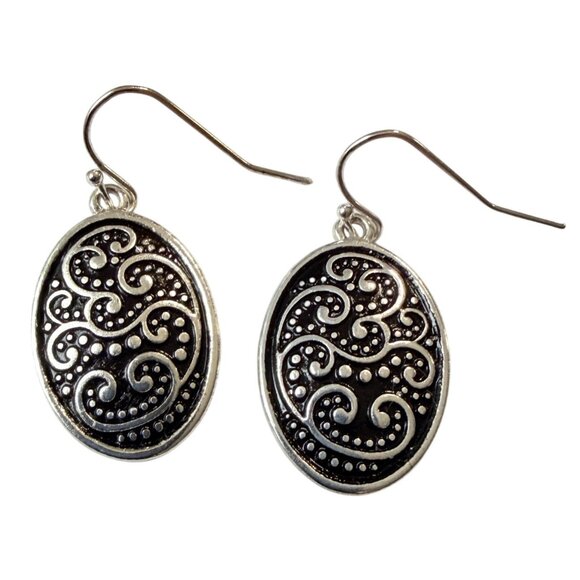 Y2K Silver Black Textured Filigree Dangle Earrings Hypoallergenic Nickel Free - Picture 6 of 8